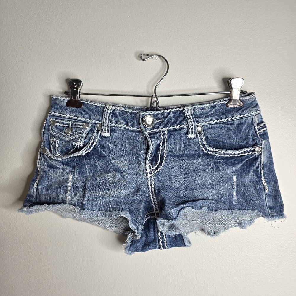 Y2k Seven7 ZD Y2K Thick Stitch Rhinestone Denim Cutoff Shorts Size 9